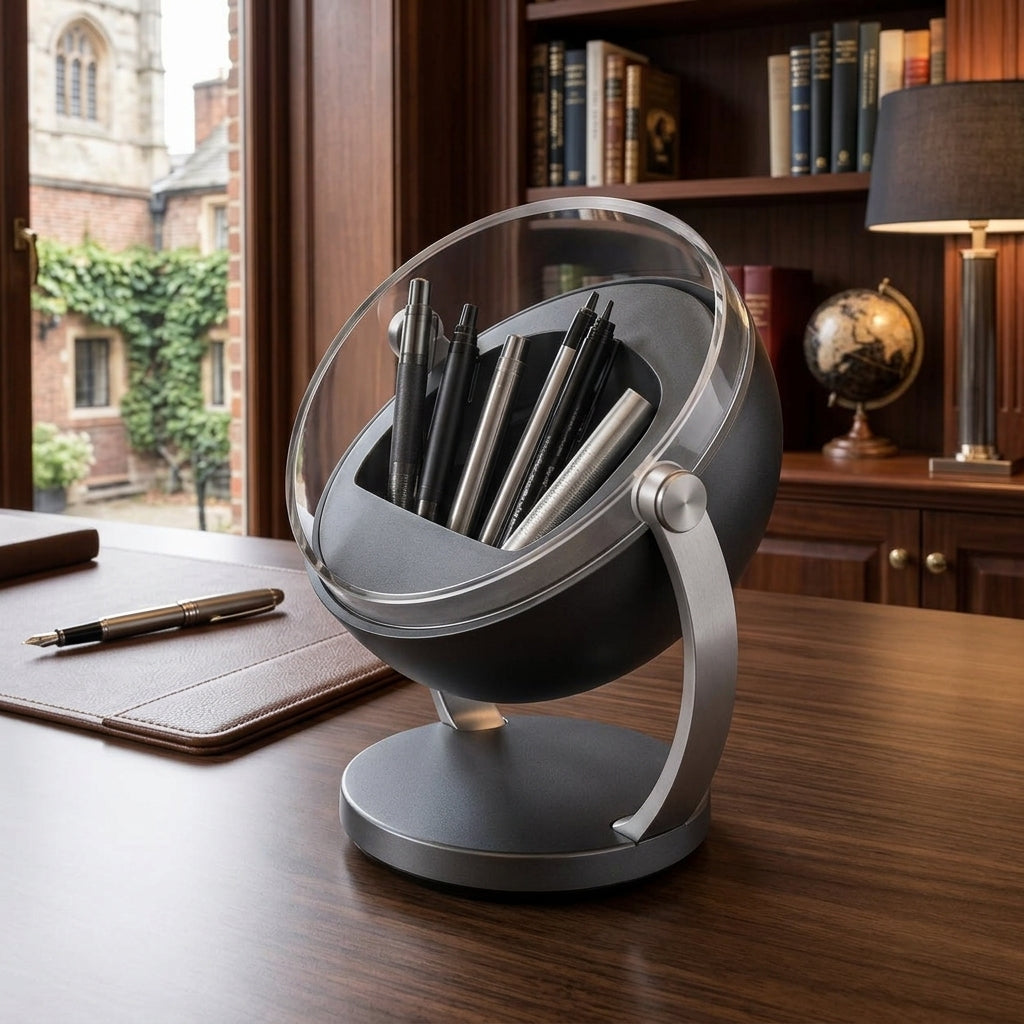 Navorli™ OrbitView Rotating Desktop Pen Organizer – Adjustable Display-Style Stationery Holder with Clear Protective Cover