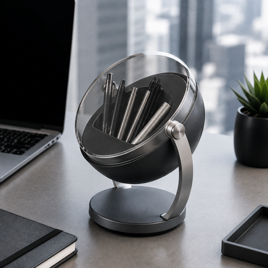 Navorli™ OrbitView Rotating Desktop Pen Organizer – Adjustable Display-Style Stationery Holder with Clear Protective Cover