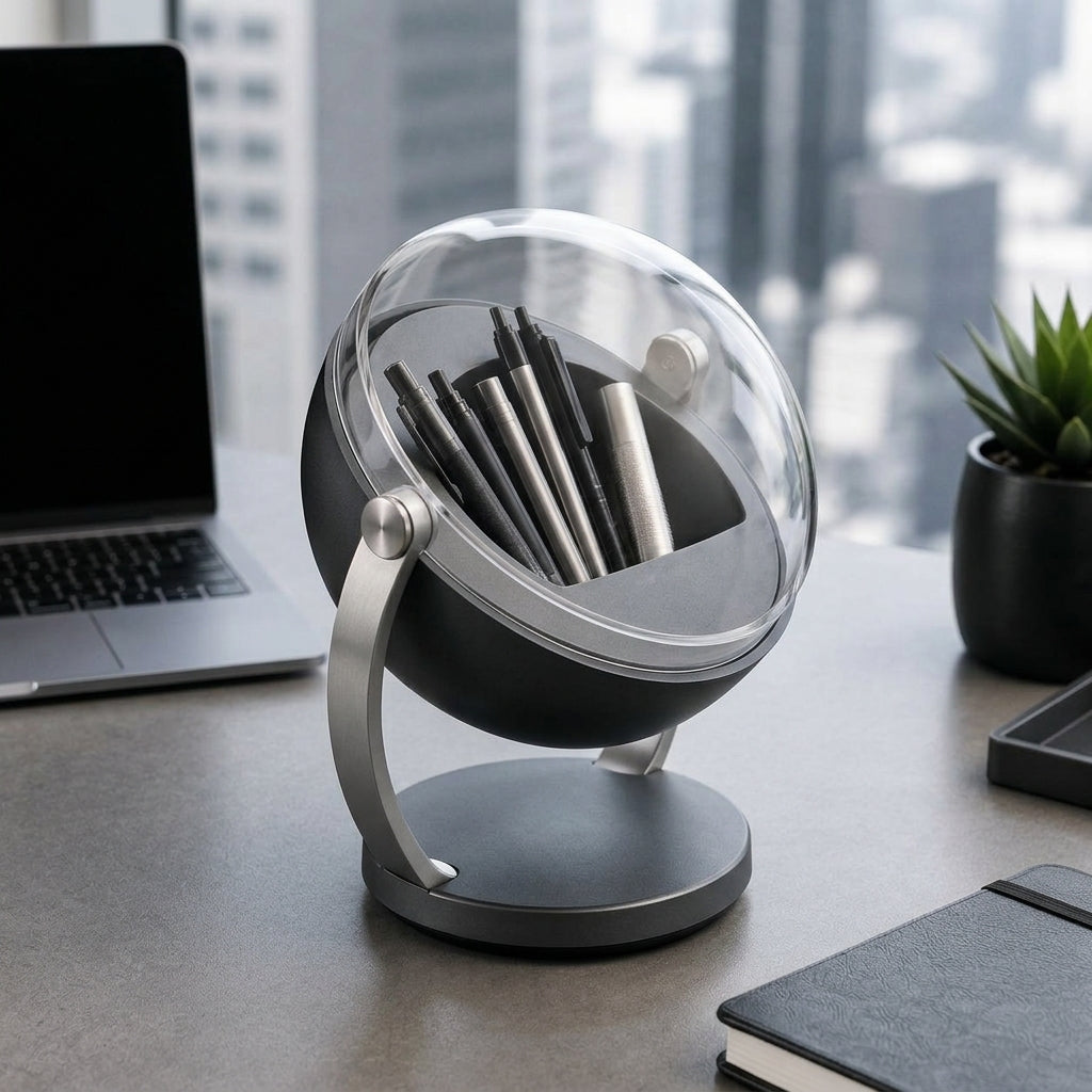 Navorli™ OrbitView Rotating Desktop Pen Organizer – Adjustable Display-Style Stationery Holder with Clear Protective Cover