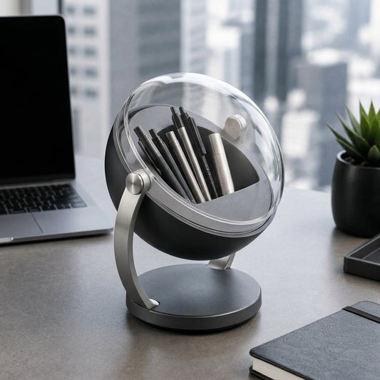 Navorli™ OrbitView Rotating Desktop Pen Organizer – Adjustable Display-Style Stationery Holder with Clear Protective Cover